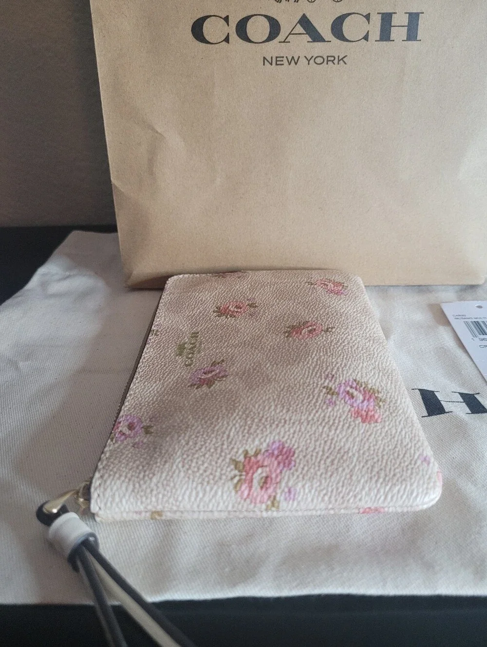 Coach Cream Floral Wristlet Pouch with Pink Roses - Picture 4 of 12